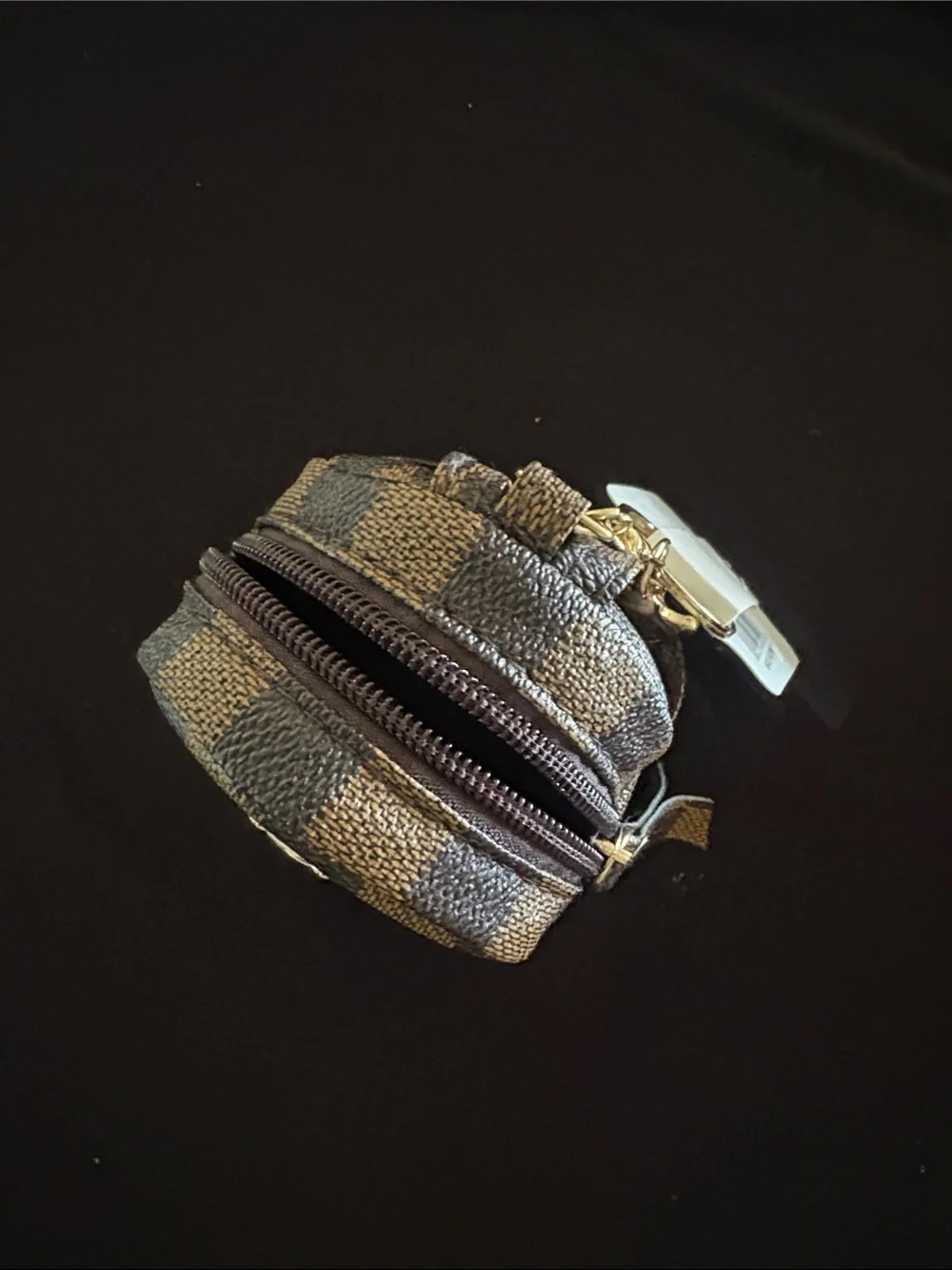 Cute Fashion Brown Checkered Mini Backpack Keychain Bag Charm with Gold Bear